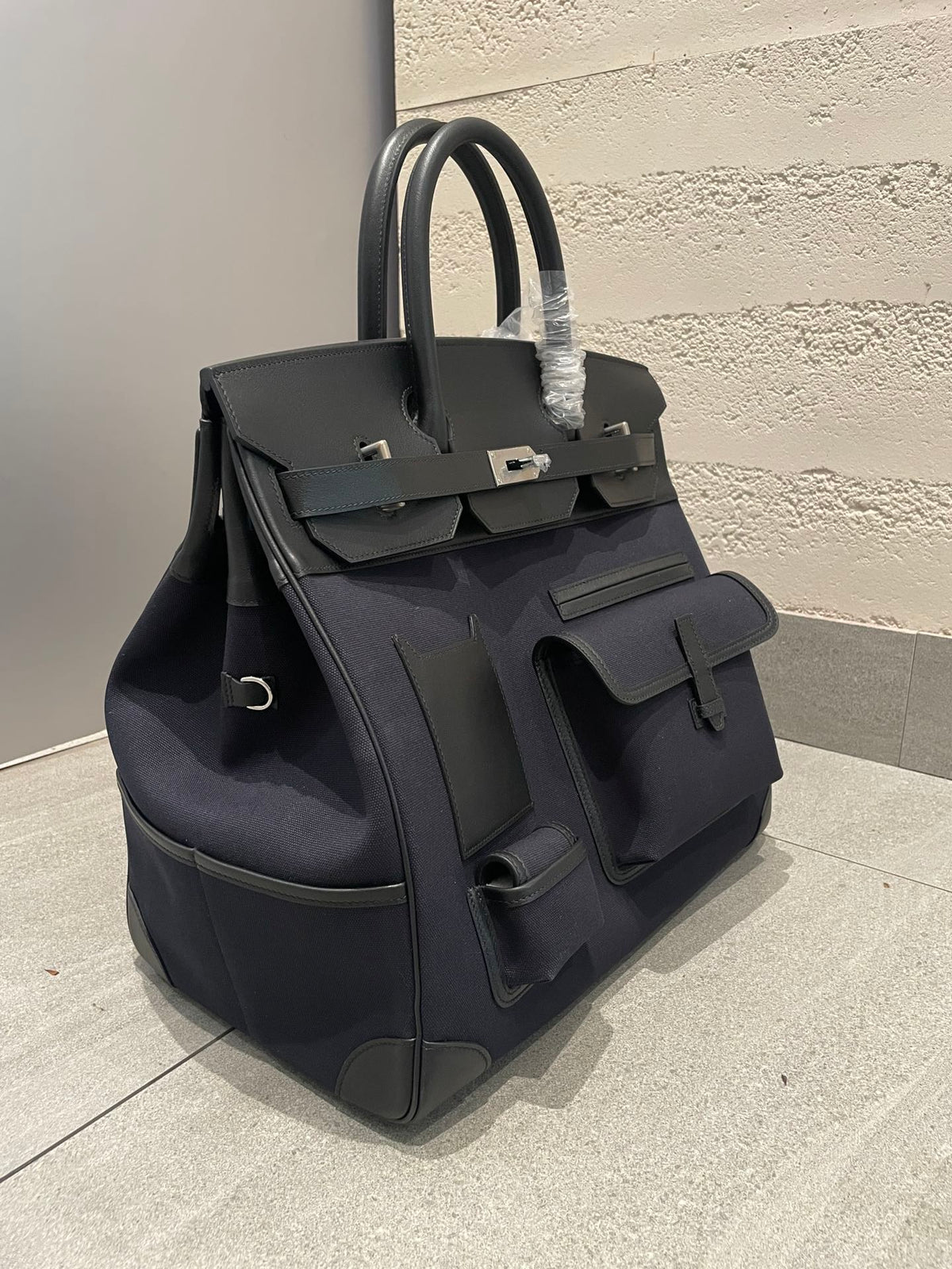 Large Multi-Pocket Canvas and Leather Top Handle Satchel Bag - Black