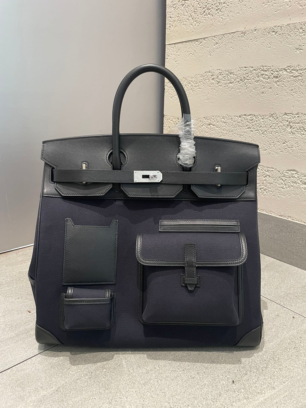 Large Multi-Pocket Canvas and Leather Top Handle Satchel Bag - Black