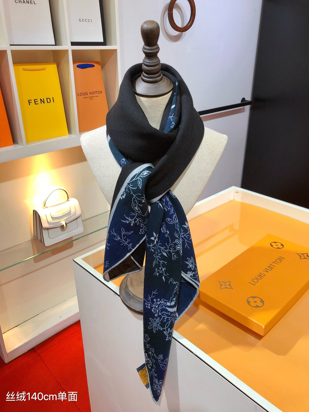 Louis Vuitton Women's Floral Silk Scarf, Designer Patterned Neck Accessory - Beige and Navy