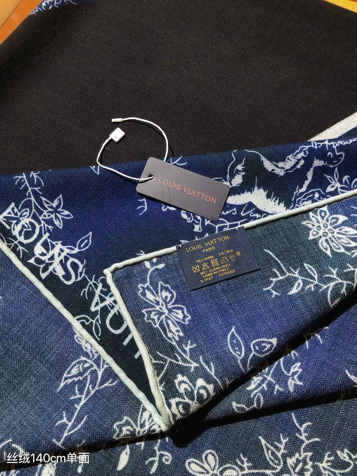 Louis Vuitton Women's Floral Silk Scarf, Designer Patterned Neck Accessory - Beige and Navy