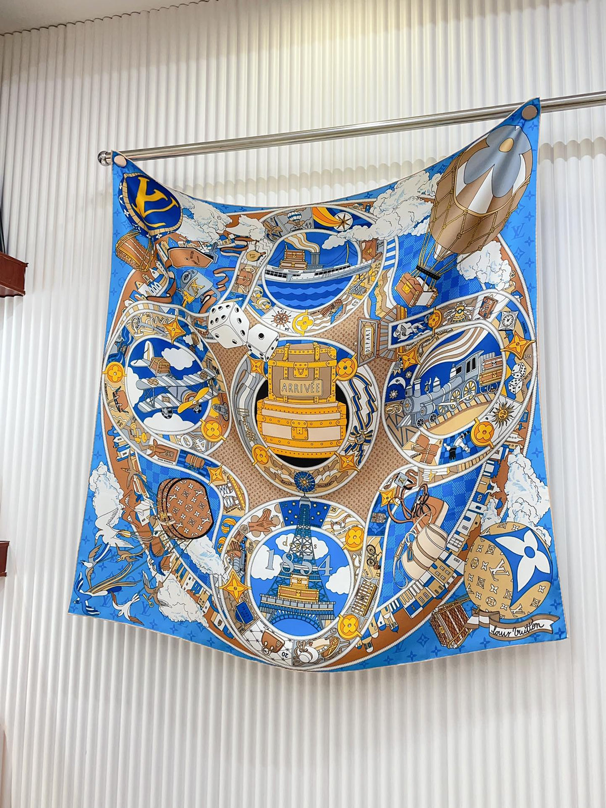 Women's Blue Silk Scarf with Monogram Print and Illustrated Design - Elegant Fashion Neck Accessory
