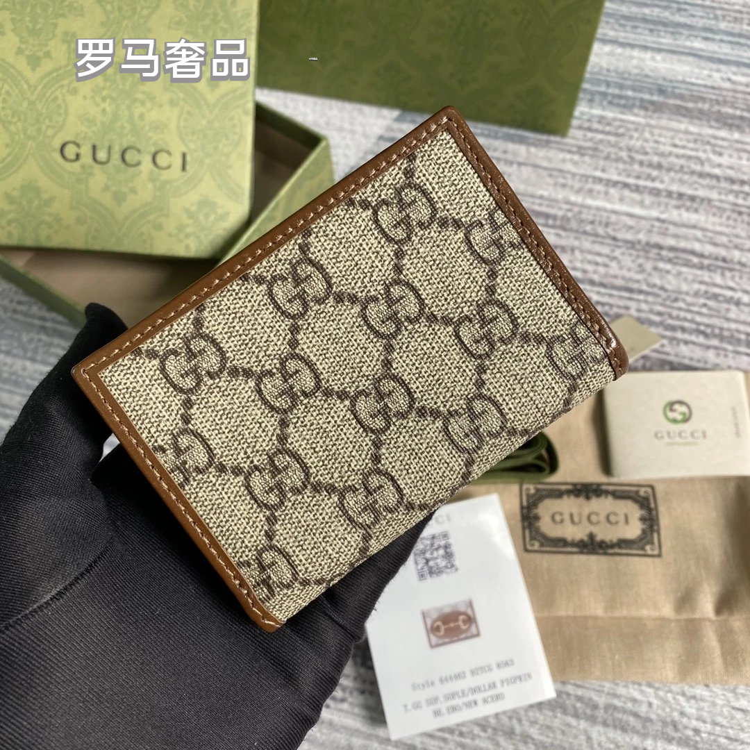 Gucci Monogram Canvas Card Case Wallet with Web Stripe and Gold Logo