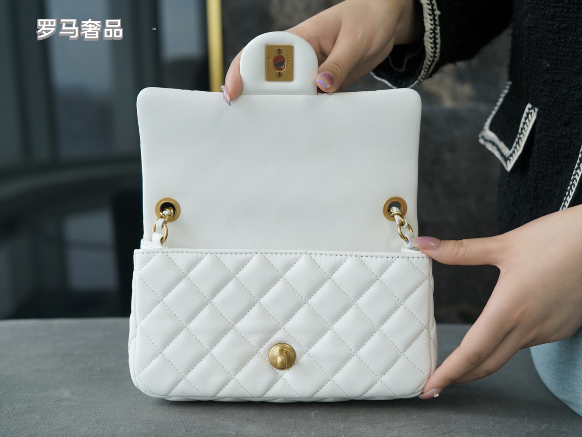 White Quilted Lambskin Mini Flap Bag with Gold-Tone Hardware